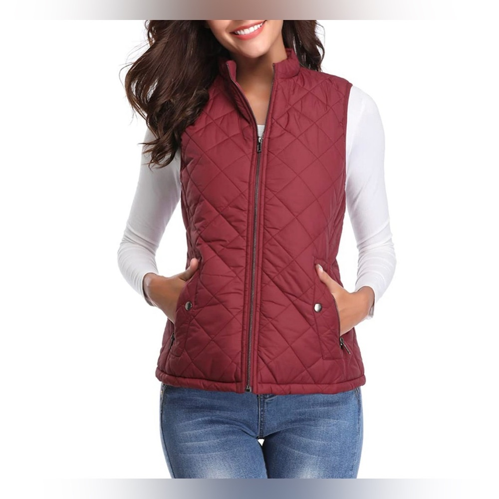 Fuinloth Women Quilted Vest Wine Red
